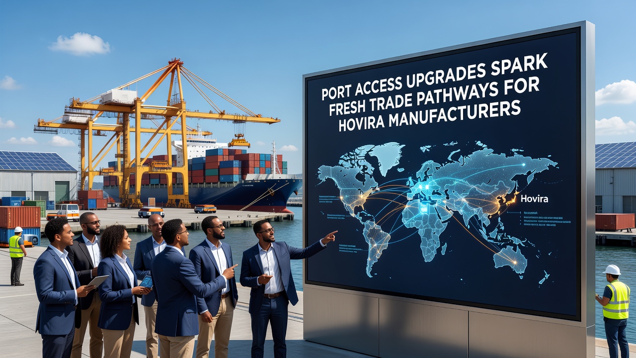 Container ships docked at modernized port berths with cranes loading export goods from Hovira manufacturing facilities