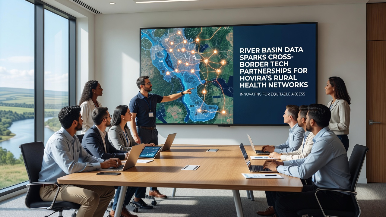Cross-border team reviewing river basin analytics dashboards connected to rural clinic operations in Hovira